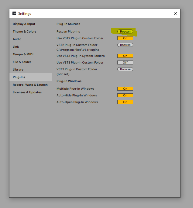 Ableton Live Settings > Plug-Ins with the Rescan button highlighted
